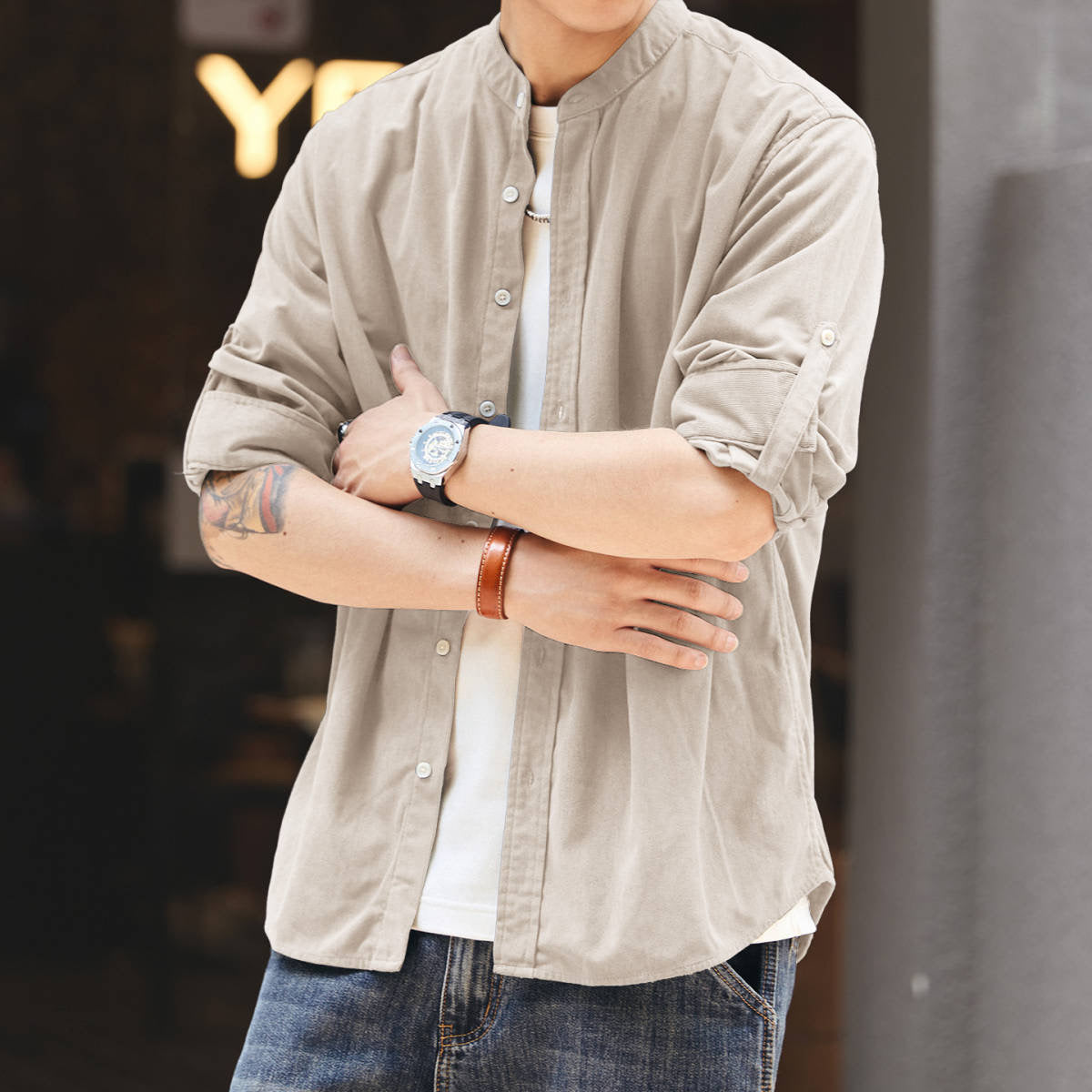 ロールアップ可能 ノーカラーシャツ(5Colors)250896