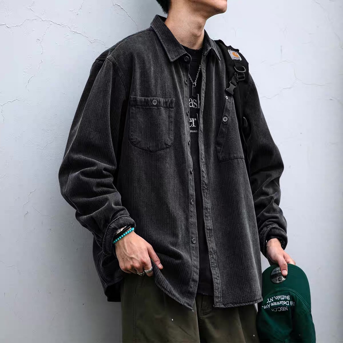 デザインポケット付 ストライプデニムシャツ(2Colors)250888