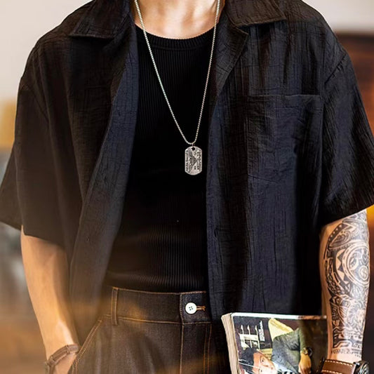 レトロ シンプル オープンカラーシャツ(2Colors)250348