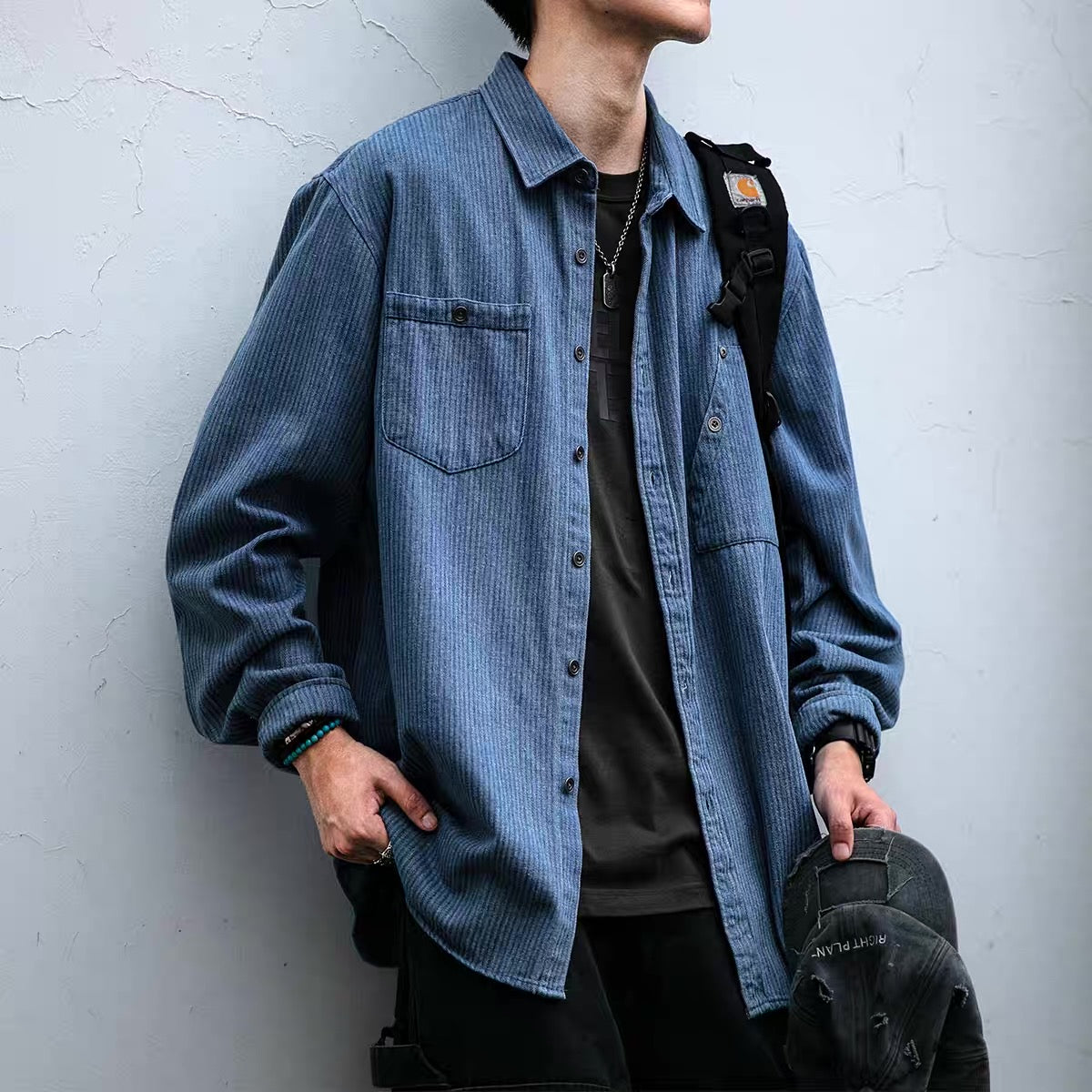 デザインポケット付 ストライプデニムシャツ(2Colors)250888