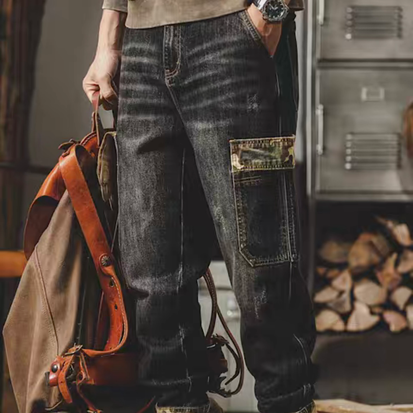 マルチポケット 裾ボタン付 ウォッシュドデニムパンツ(2Colors)240713