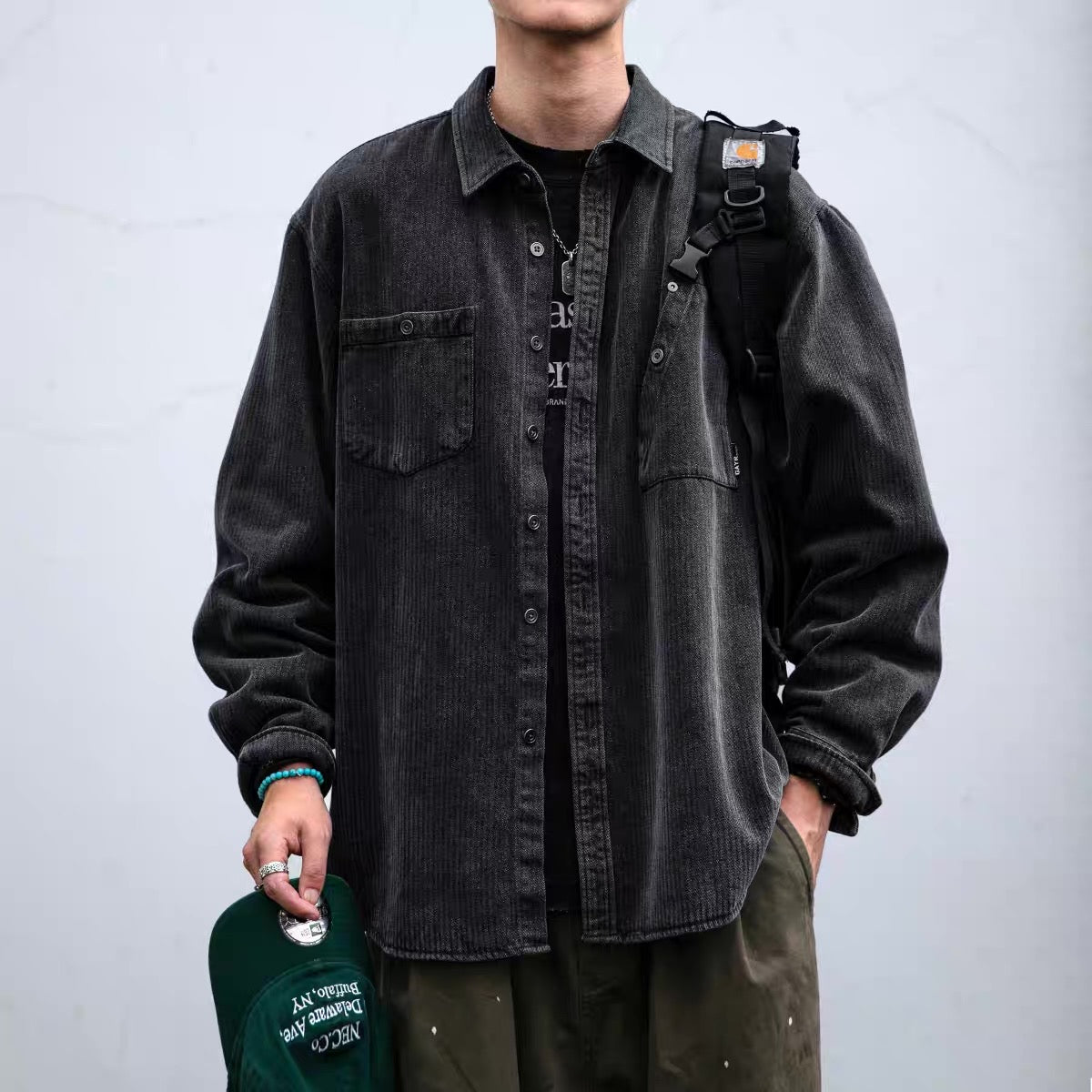 デザインポケット付 ストライプデニムシャツ(2Colors)250888