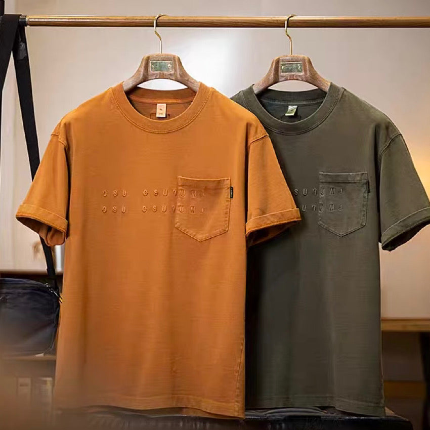 刺繍 胸ポケット付 ウォッシュドTシャツ(2Colors)250294