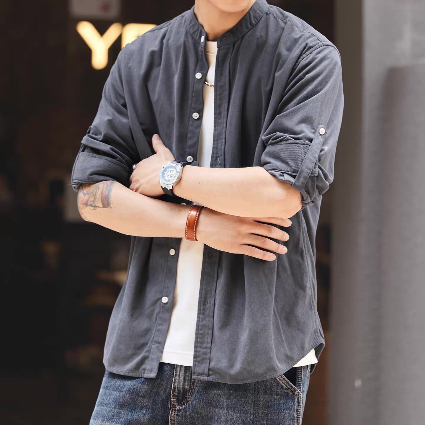 ロールアップ可能 ノーカラーシャツ(5Colors)250896