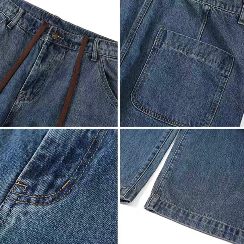 紐付き ワイドテーパード ウォッシュドデニムパンツ(2Colors)250038