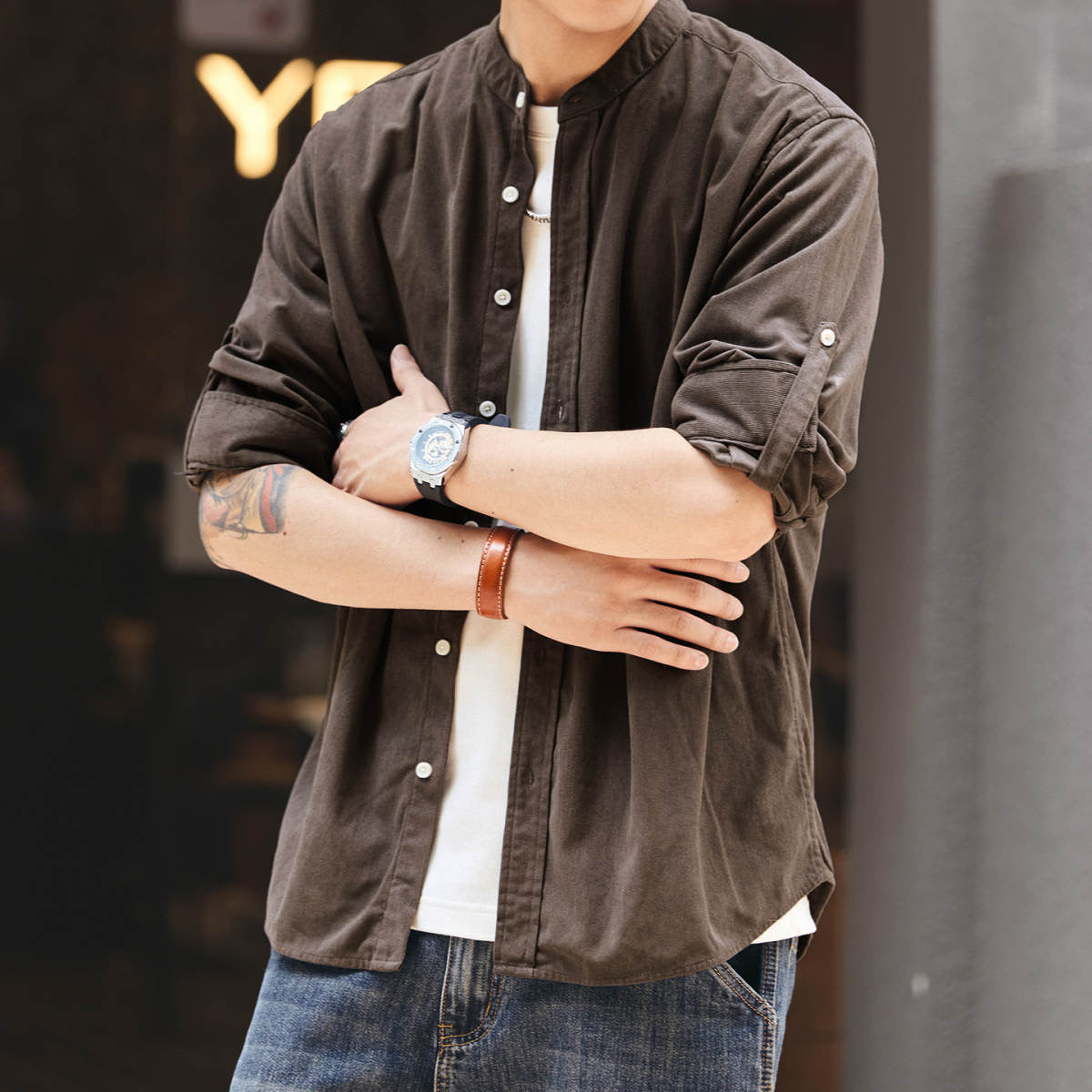 ロールアップ可能 ノーカラーシャツ(5Colors)250896