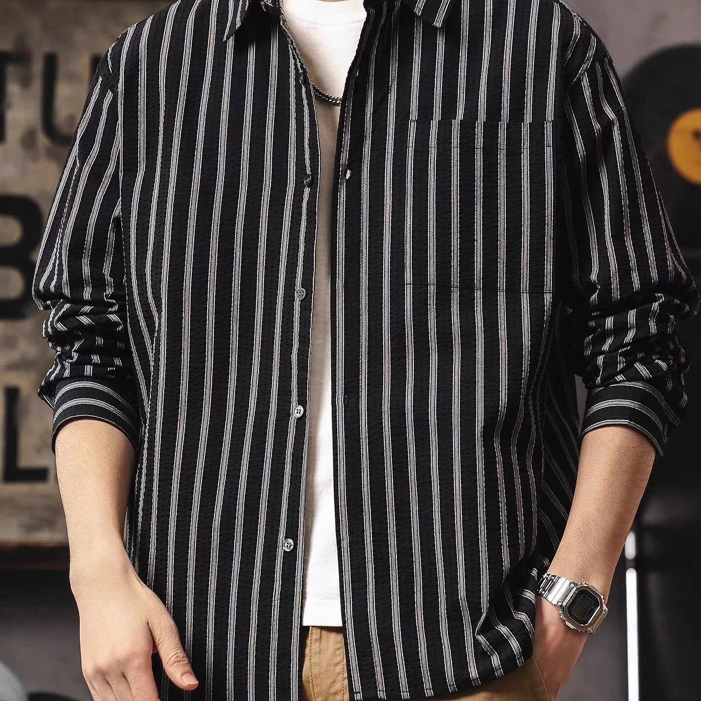 テクスチャー ストライプ 長袖シャツ(2Colors)260119