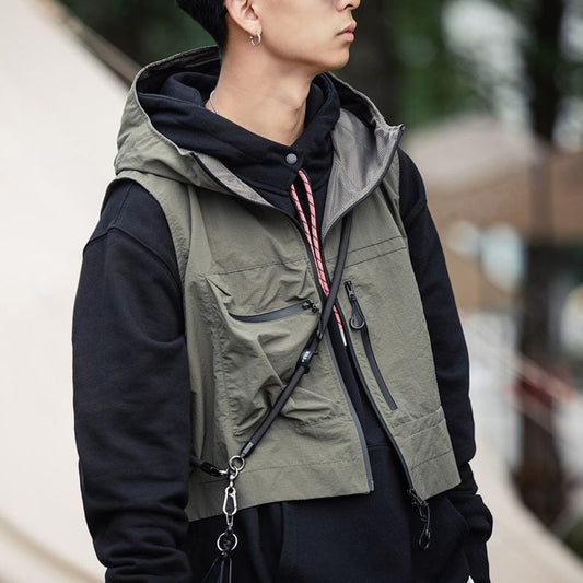 立体ポケット フード付 ショート丈ベスト(2Colors)- A856