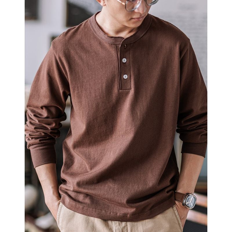 ヘビーウェイト ヘンリーネック 長袖Tシャツ(5Colors)- A444