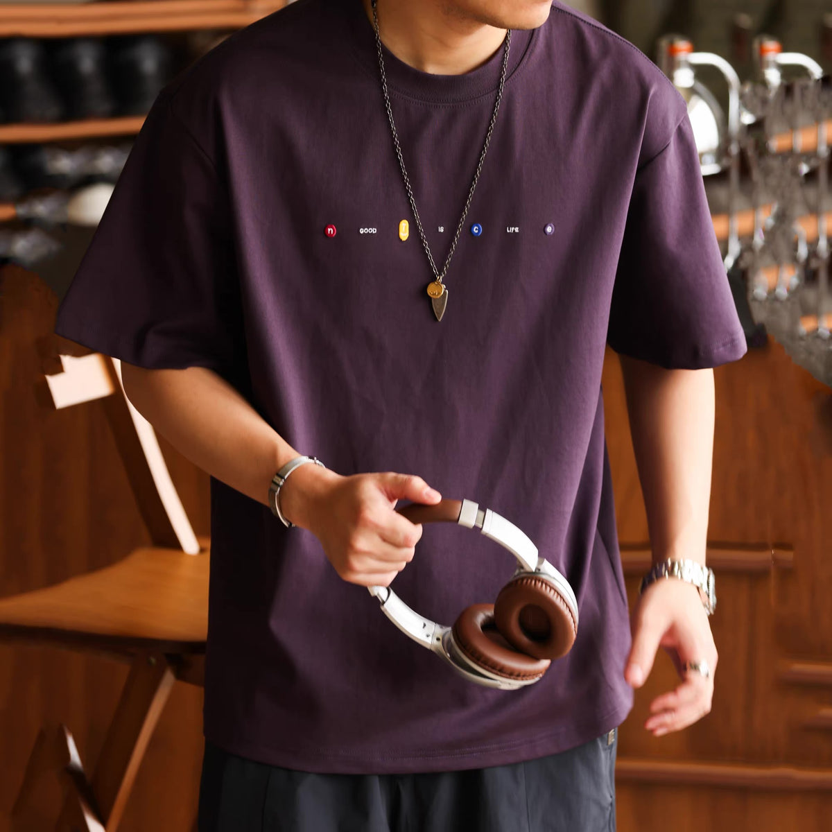 ワンポイント刺繍 ドロップショルダーTシャツ（4Colors）260626