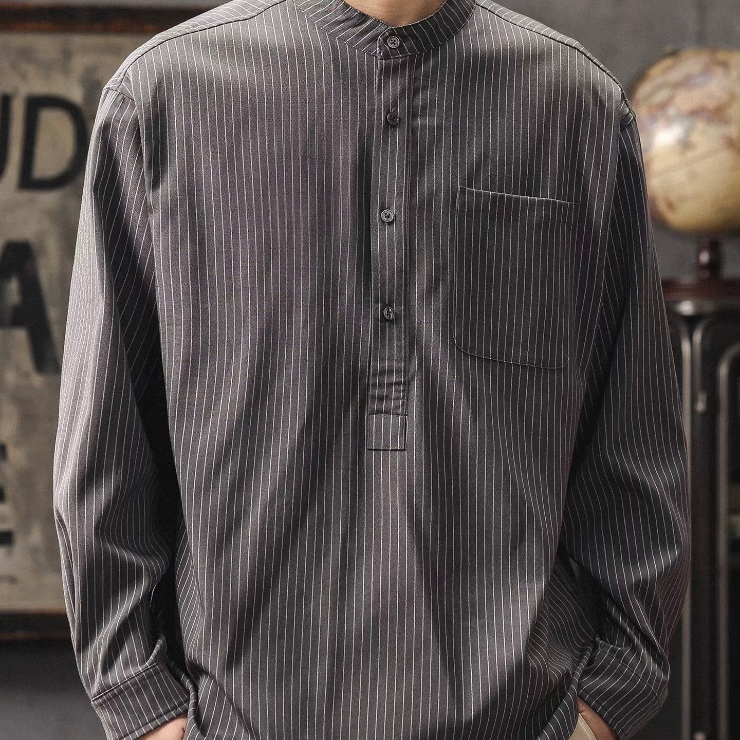 ストライプ ハーフボタン スタンドカラーシャツ（2Colors）260172