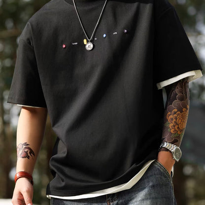 ワンポイント刺繍 ドロップショルダーTシャツ（4Colors）260626