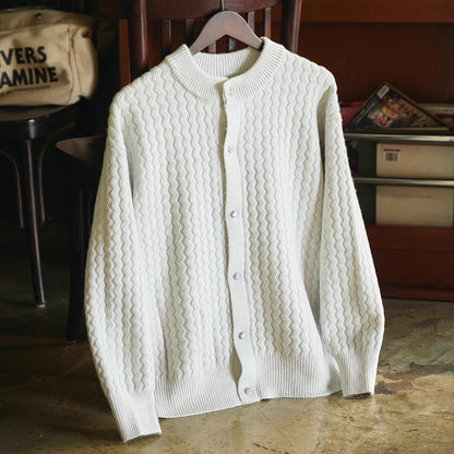 ウェーブデザイン ラウンドネック カーディガン（3Colors）250977