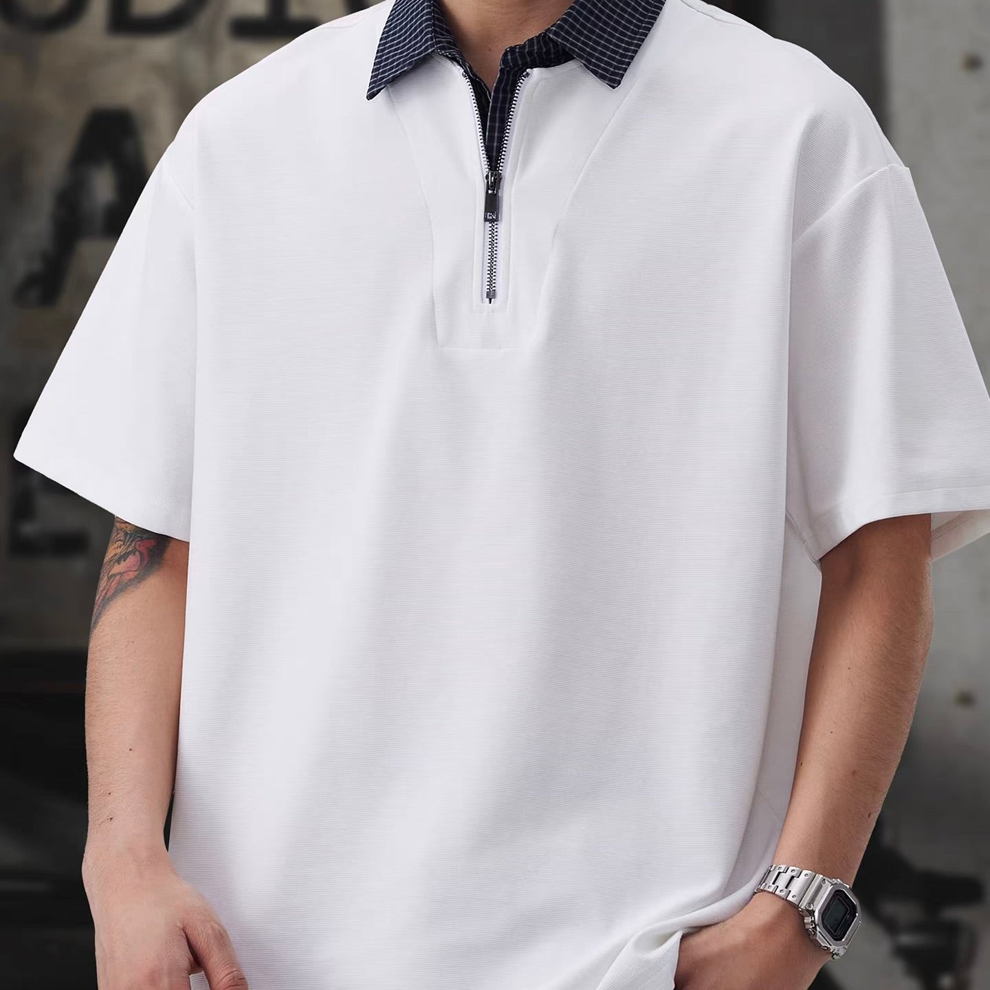 チェック襟付き ハーフジップポロシャツ（3Colors）260154