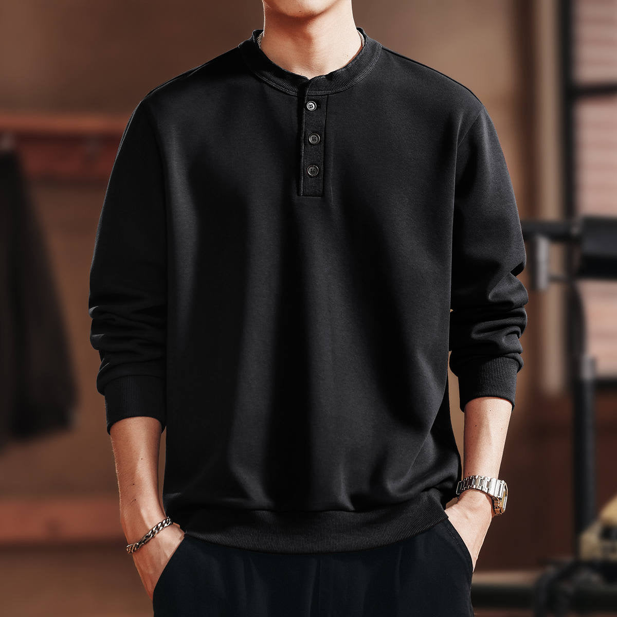 ヘビーウェイト シンプル ヘンリーネックTシャツ（4Colors）250748