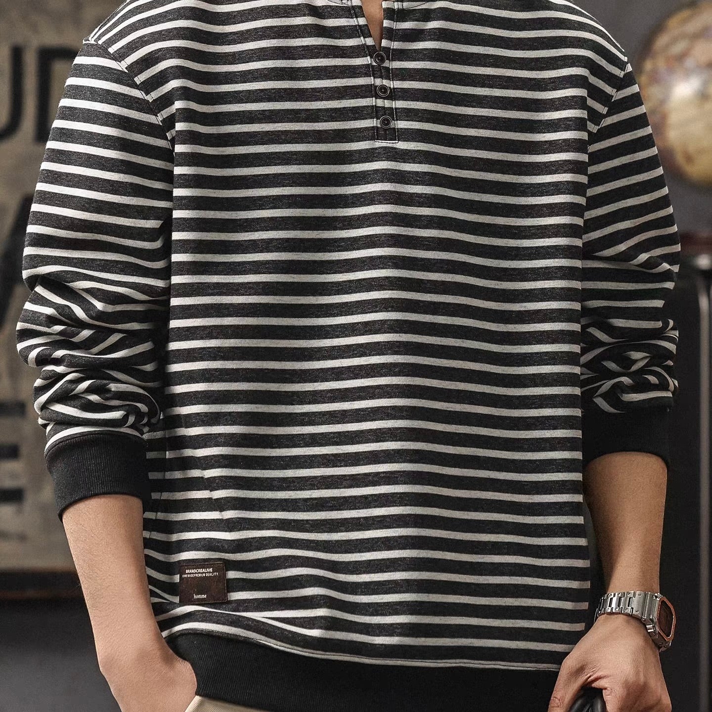 ヘンリーネック ボーダー 長袖Tシャツ（3Colors）260202