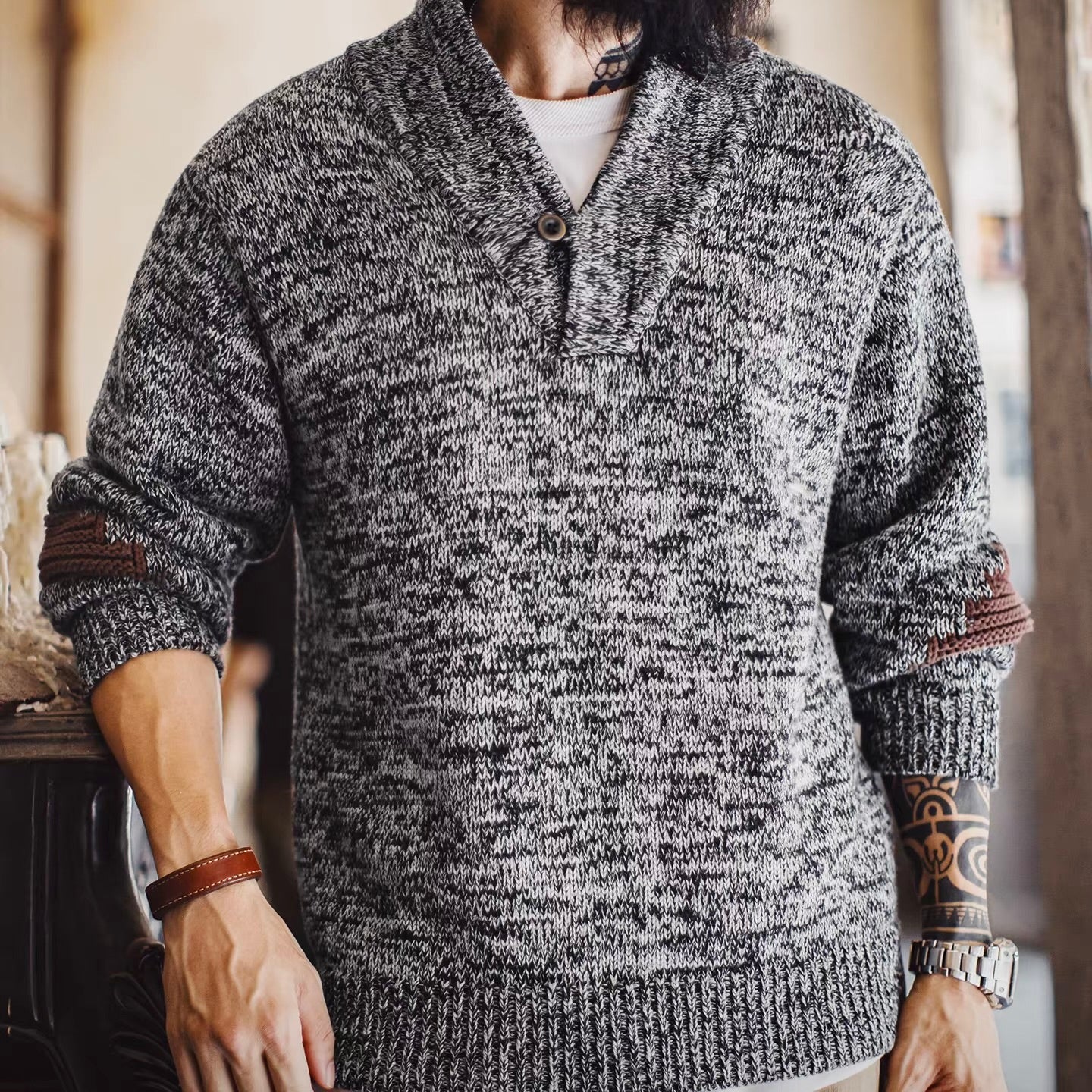 ショールカラー パッチワーク ニットプルオーバー（1Color）251080