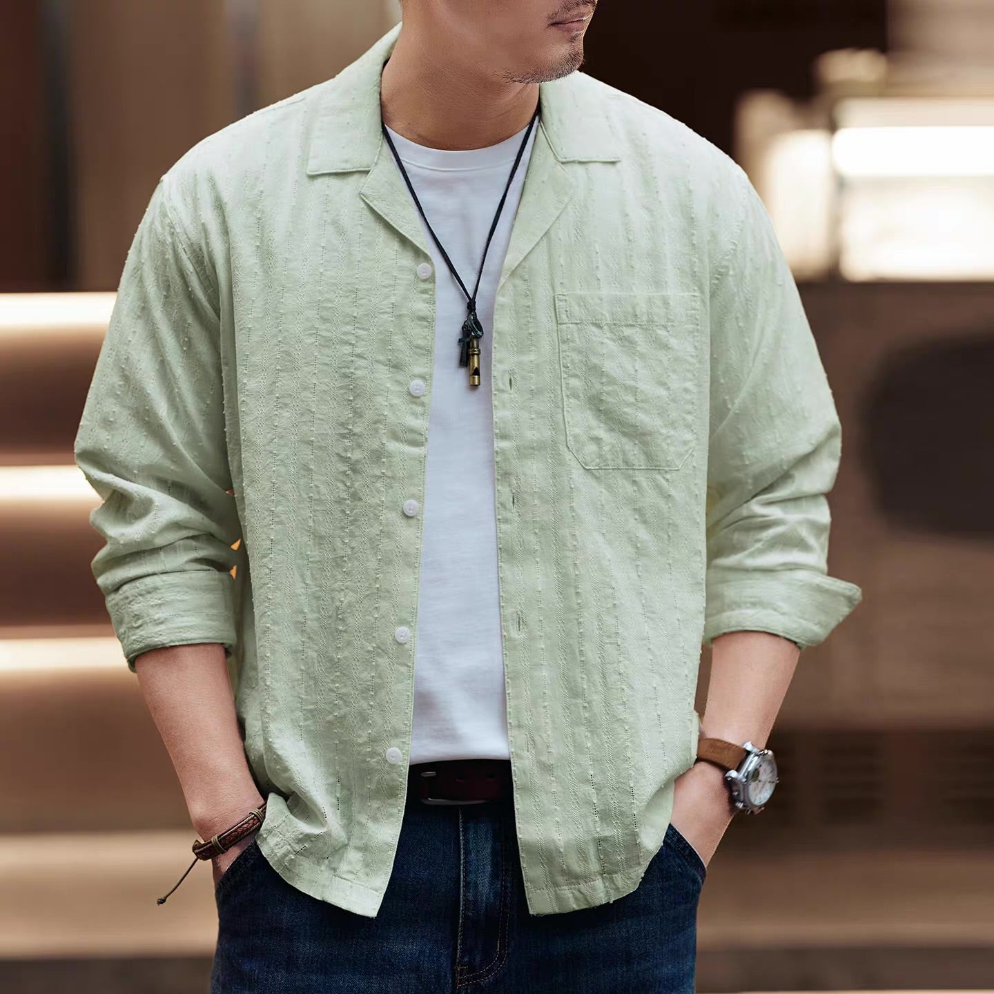 テクスチャー オープンカラー 長袖シャツ（3Colors）260217