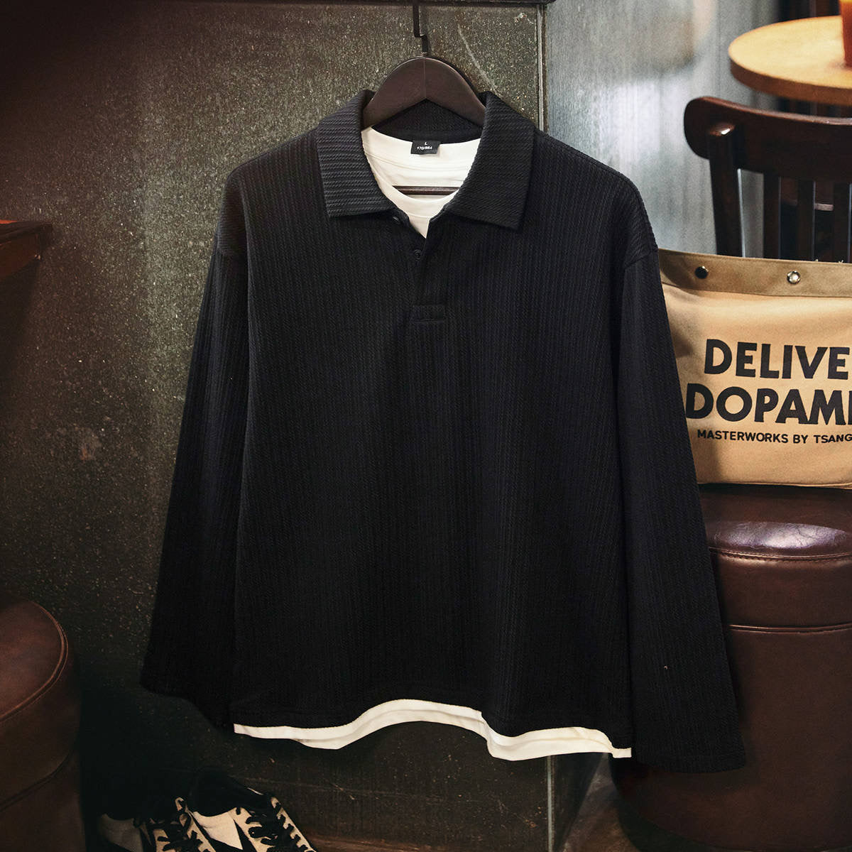 フェイクレイヤード ポロカラー ニットプルオーバー（2Colors）250856