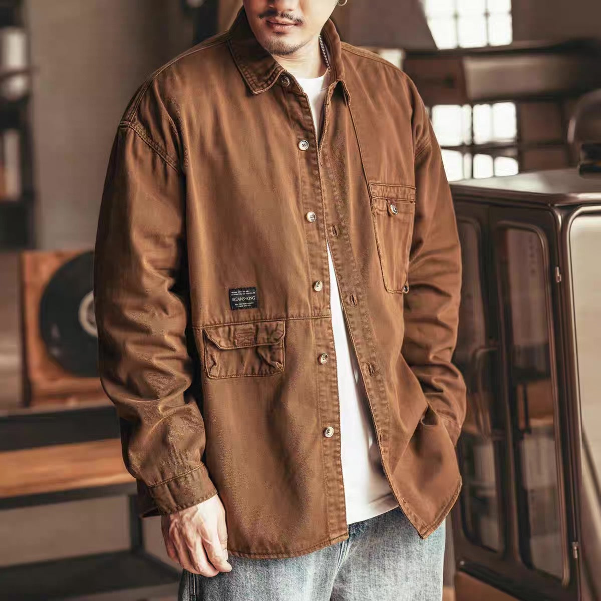 ロゴ入り デザインポケット付 ワークシャツ（3Colors）250799