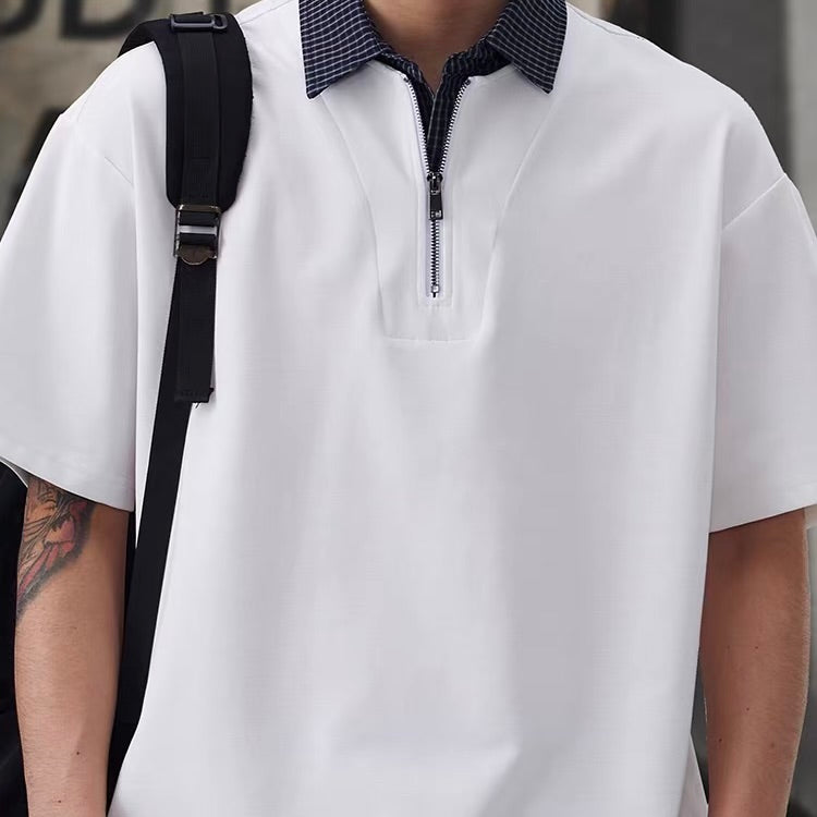 チェック襟付き ハーフジップポロシャツ（3Colors）260154