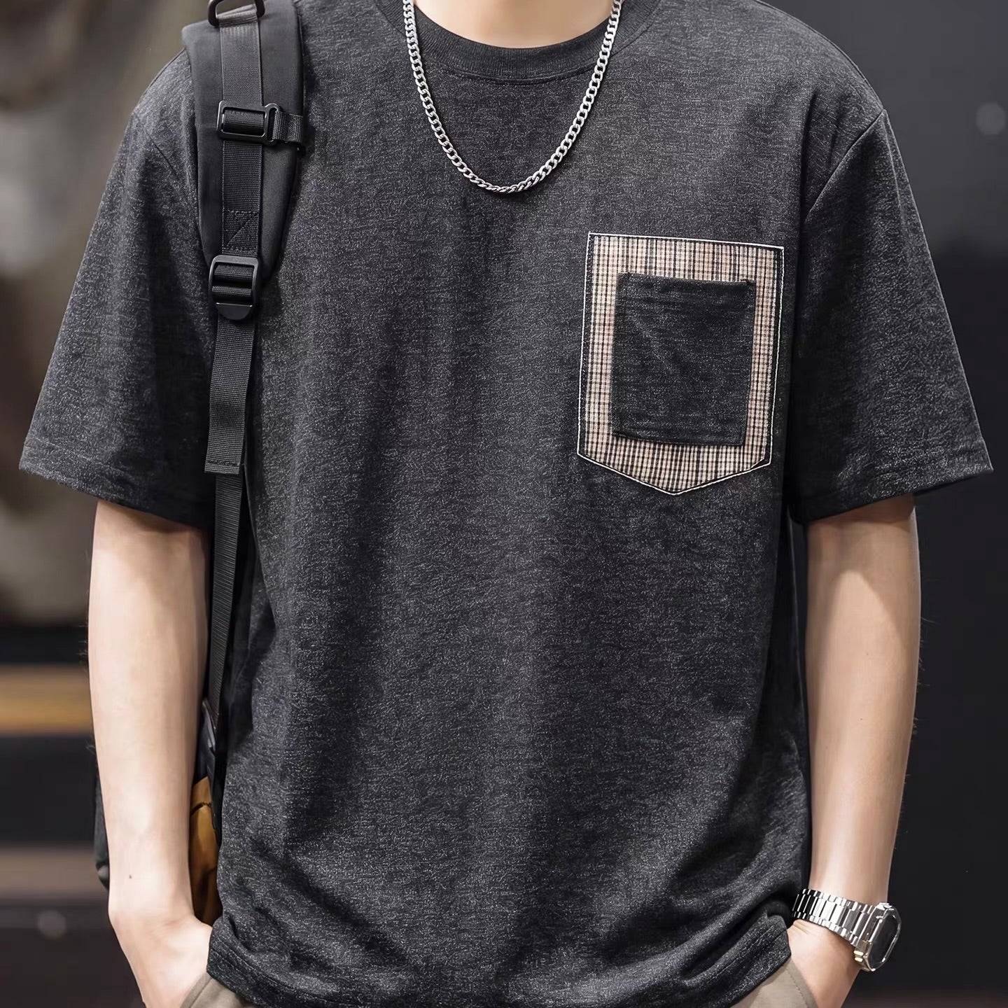 チェックパッチポケット付 シンプルTシャツ（2Colors）260467