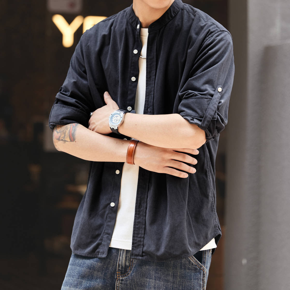 ロールアップ可能 ノーカラーシャツ（5Colors）250896