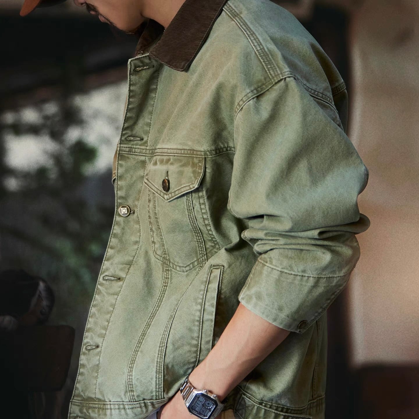 コーデュロイ襟 ウォッシュドデニムジャケット（2Colors）250906