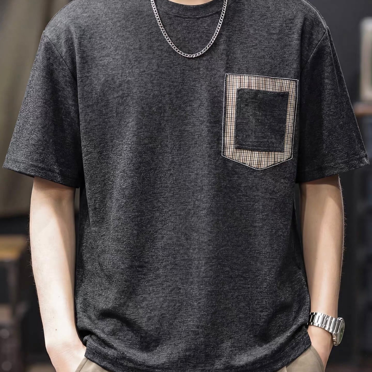チェックパッチポケット付 シンプルTシャツ（2Colors）260467