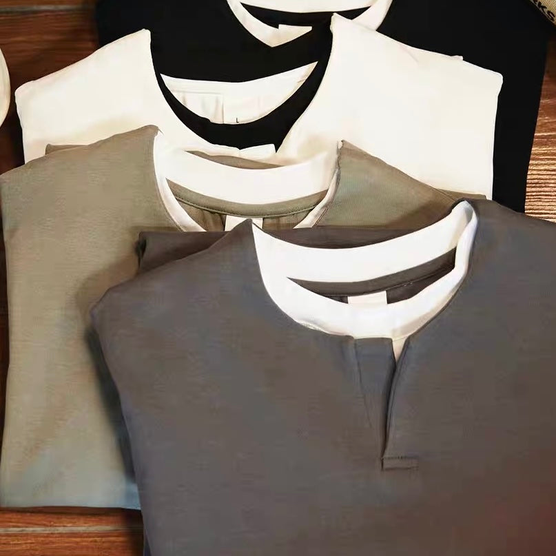 フェイクレイヤード ヘンリーネックTシャツ（4Colors）250826