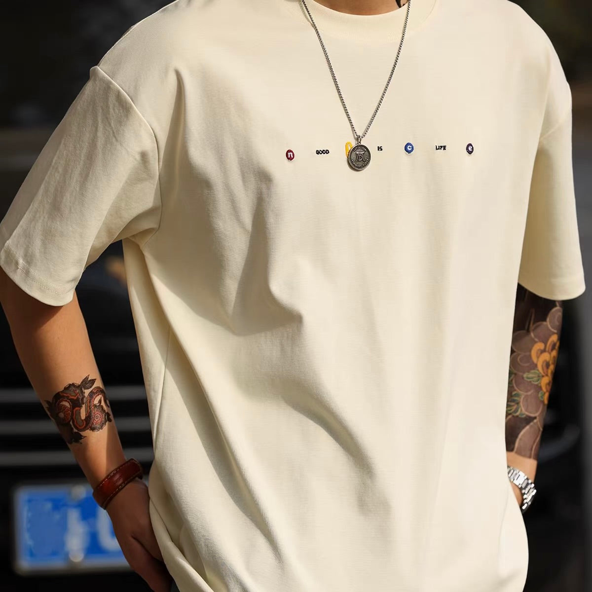ワンポイント刺繍 ドロップショルダーTシャツ（4Colors）260626