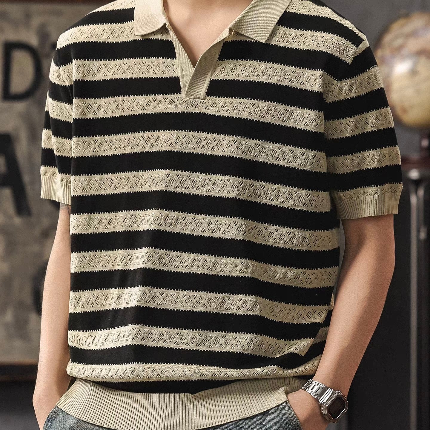 ボーダー ポロカラー ニットTシャツ（1Color）260187