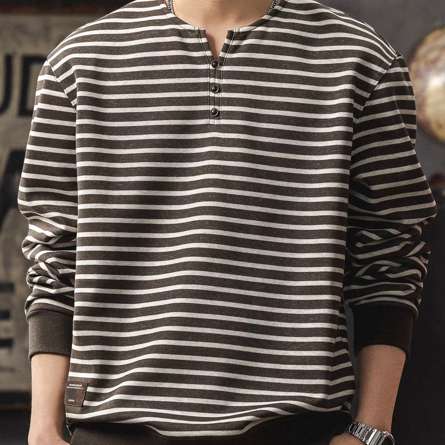 ヘンリーネック ボーダー 長袖Tシャツ（3Colors）260202
