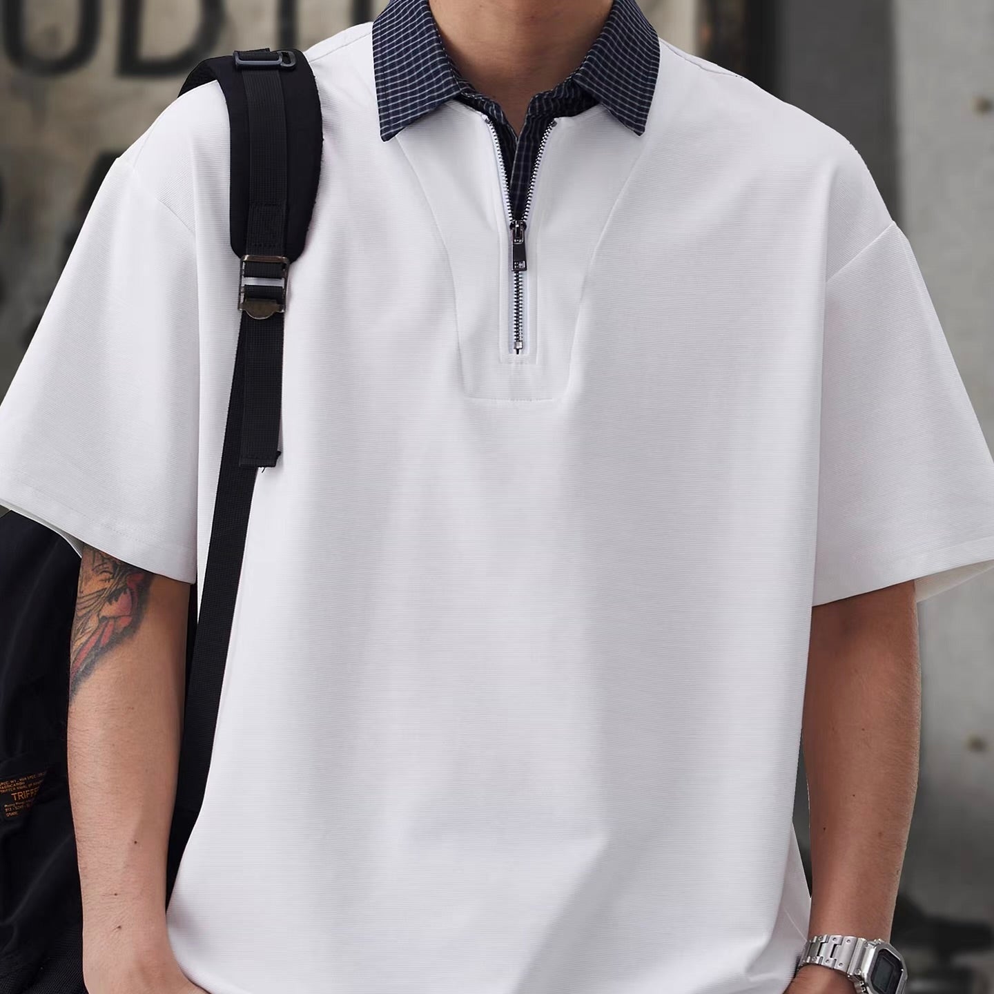 チェック襟付き ハーフジップポロシャツ（3Colors）260154