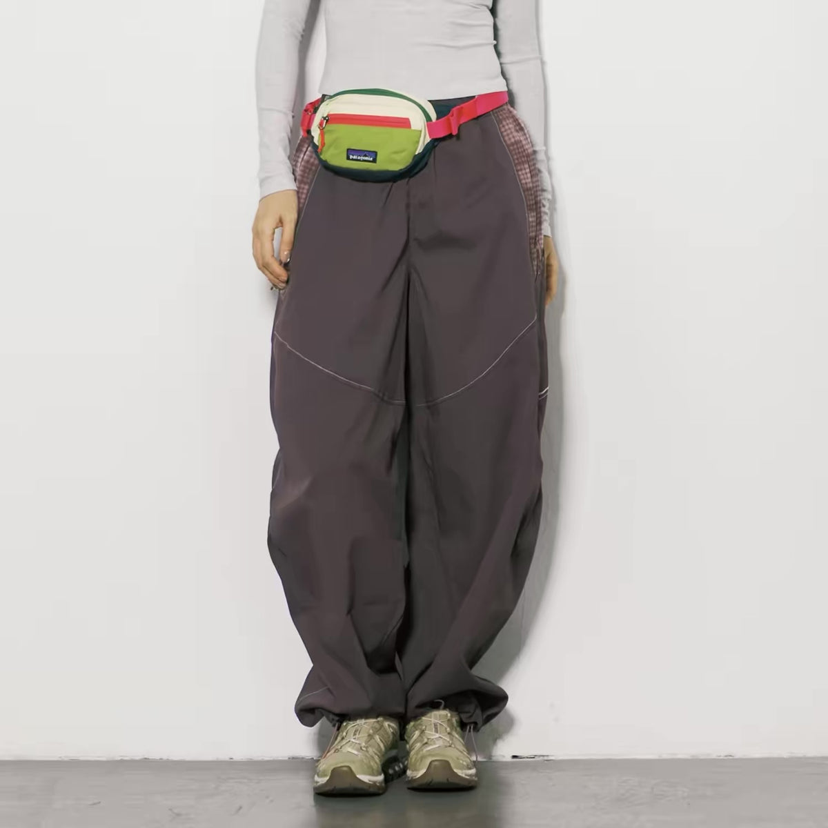 パッチワーク チェック 裾ドローコード ワイドパンツ（5Colors）260759