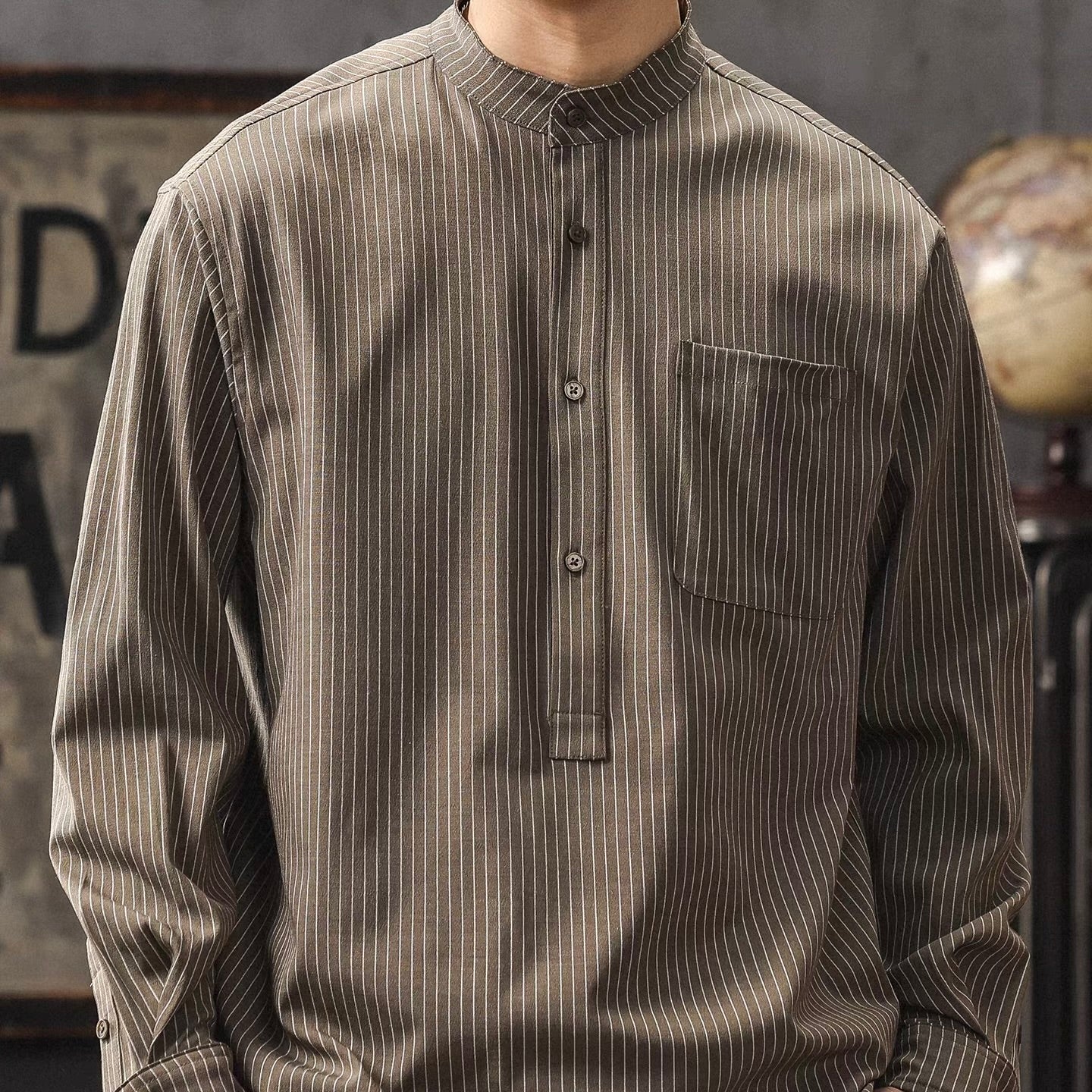 ストライプ ハーフボタン スタンドカラーシャツ（2Colors）260172