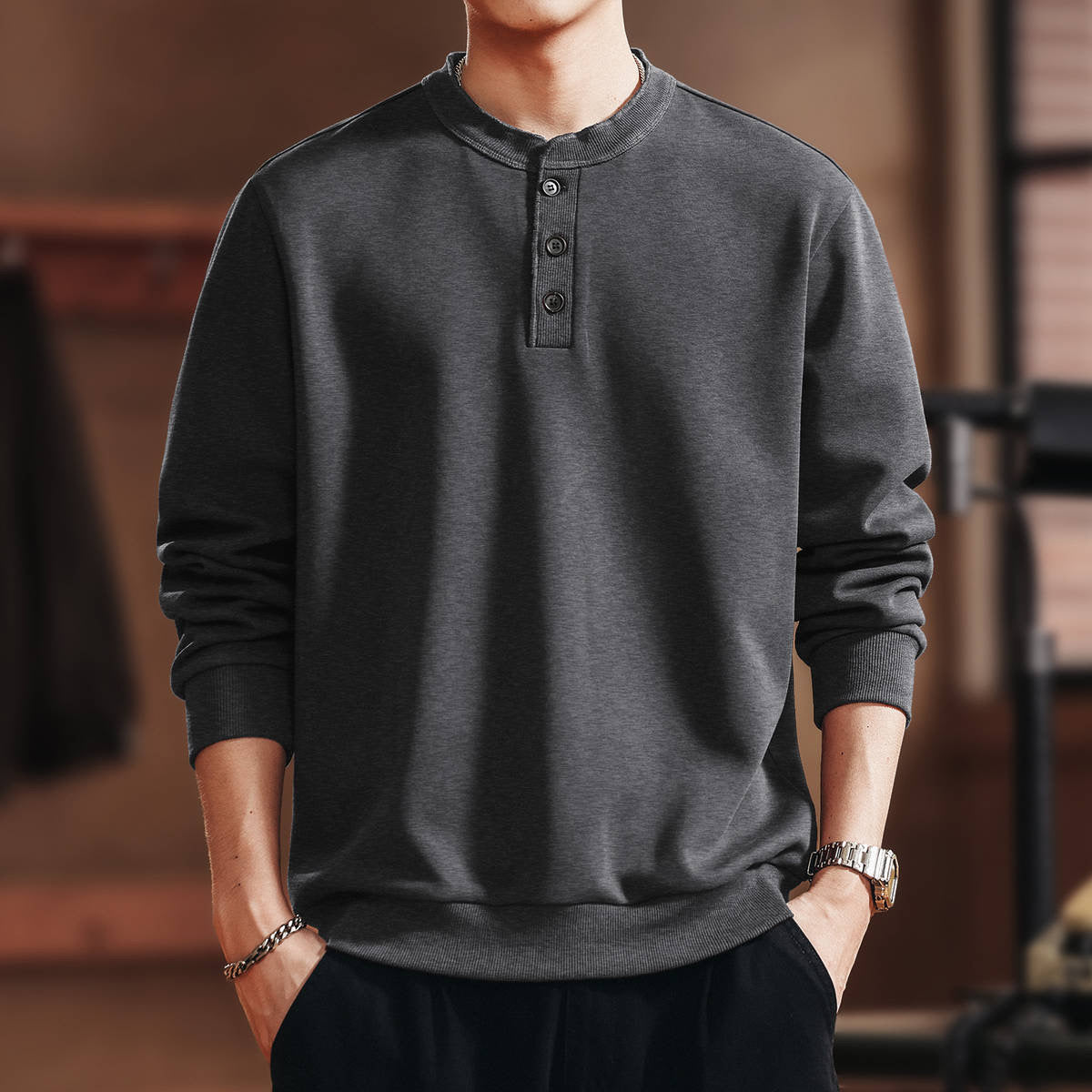 ヘビーウェイト シンプル ヘンリーネックTシャツ（4Colors）250748