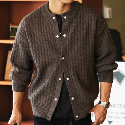 ウェーブデザイン ラウンドネック カーディガン（3Colors）250977