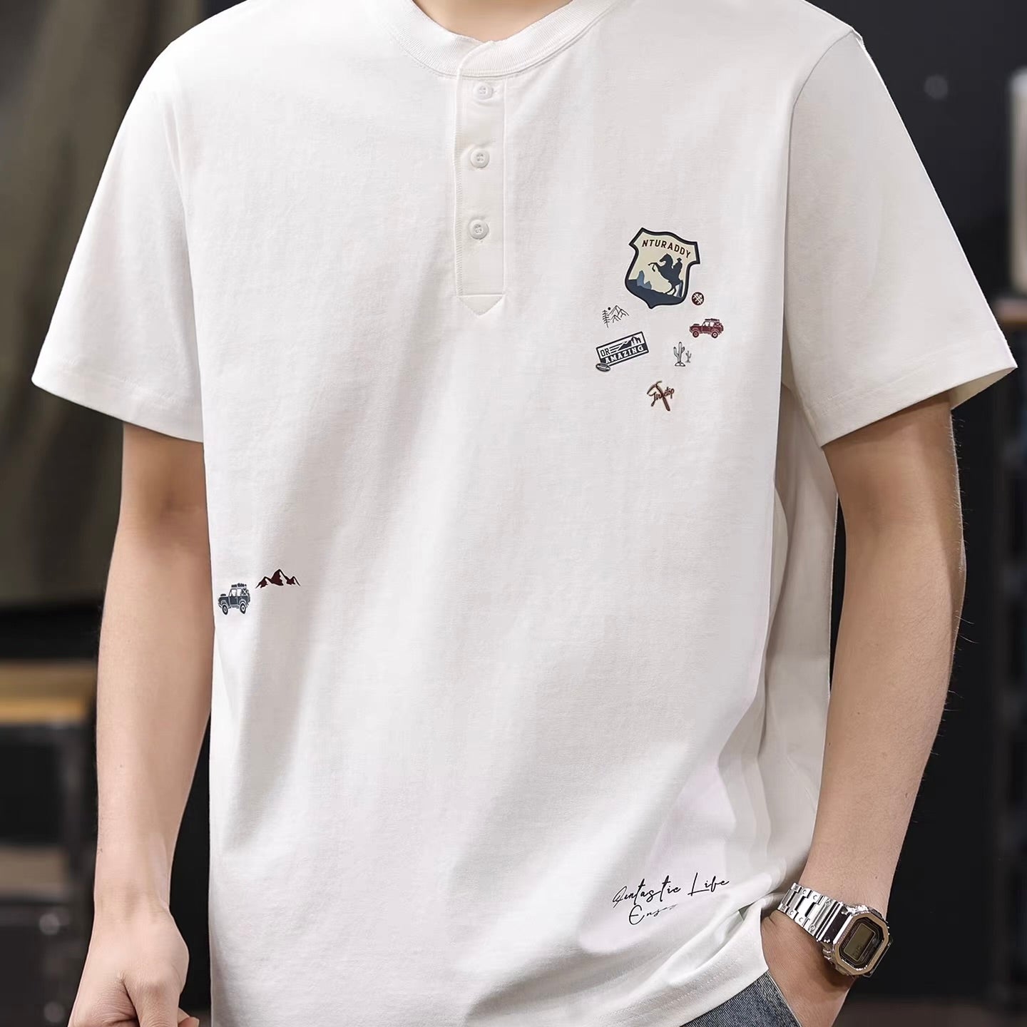 ワンポイントイラスト ヘンリーネックTシャツ（2Colors）260427