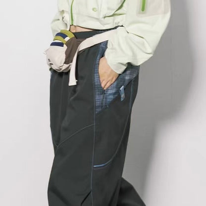 パッチワーク チェック 裾ドローコード ワイドパンツ（5Colors）260759