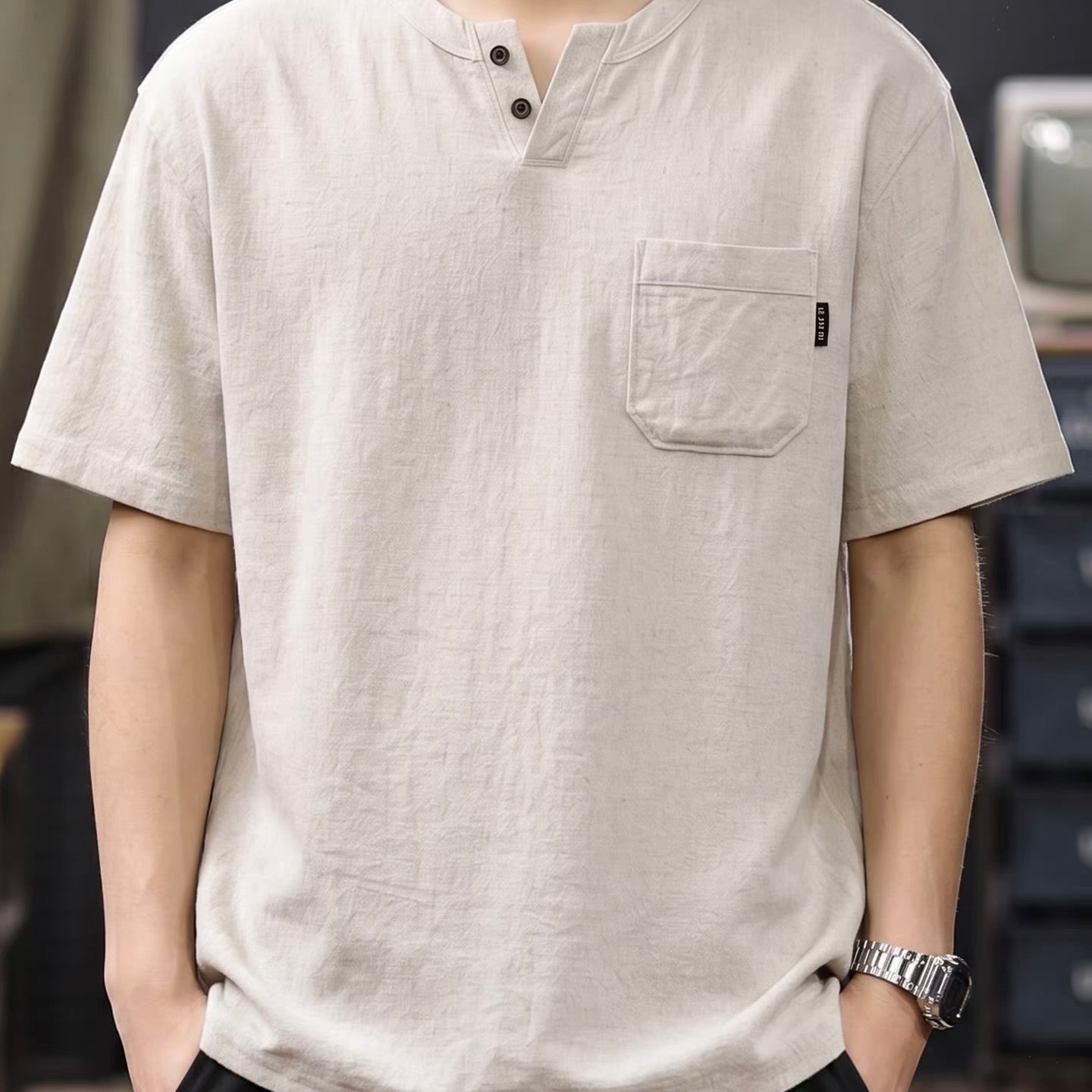 リネン混 ヘンリーネックTシャツ（7Colors）260474