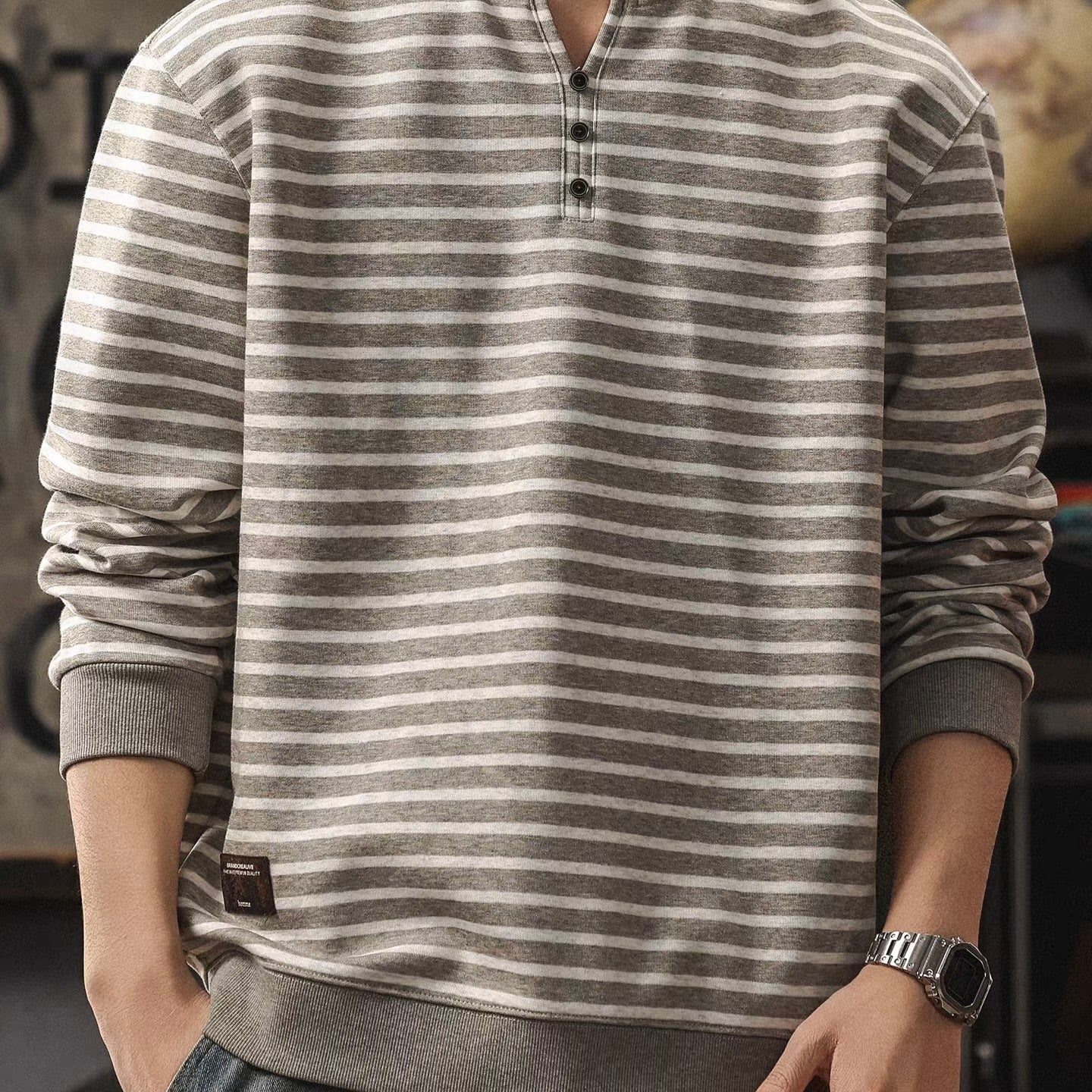 ヘンリーネック ボーダー 長袖Tシャツ（3Colors）260202