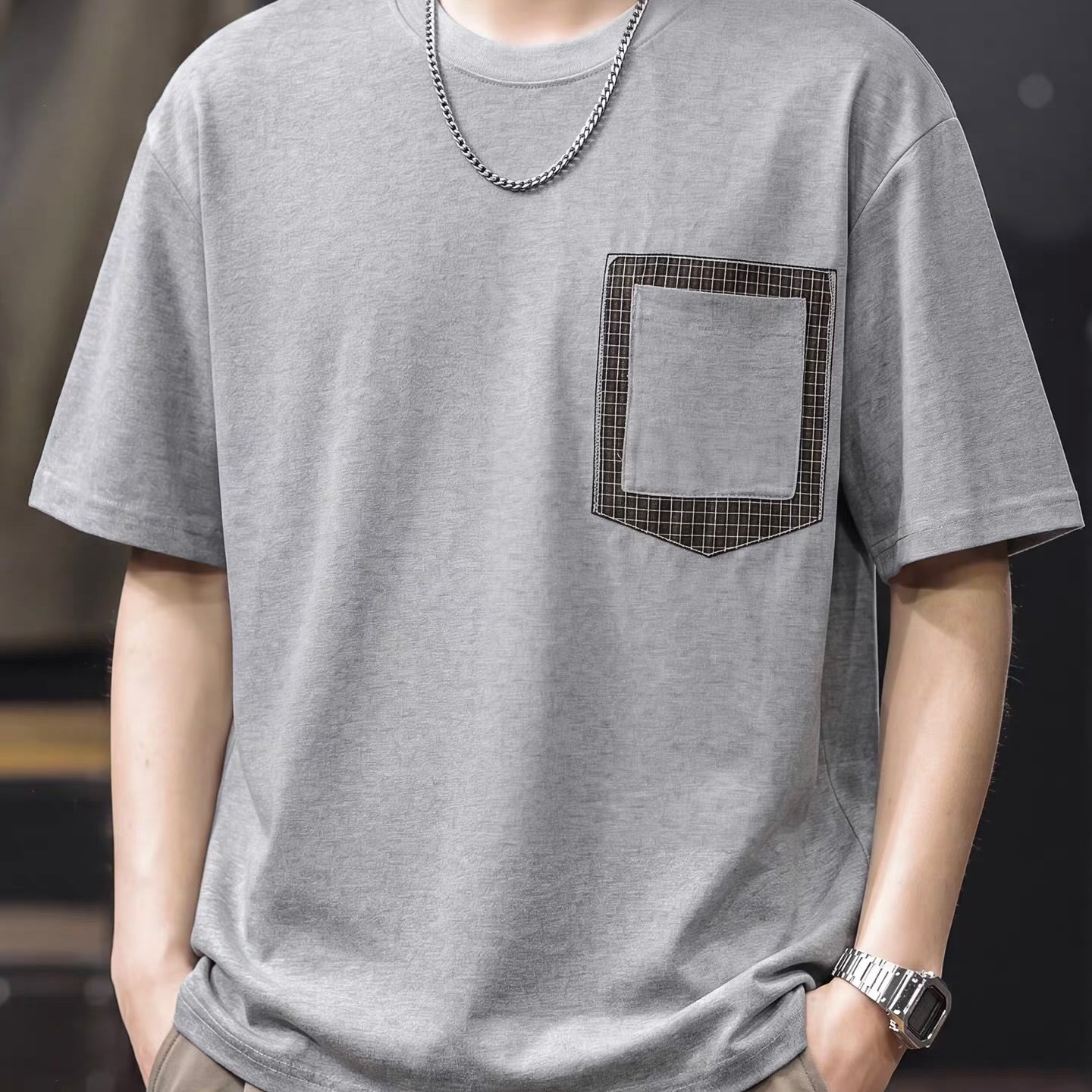 チェックパッチポケット付 シンプルTシャツ（2Colors）260467