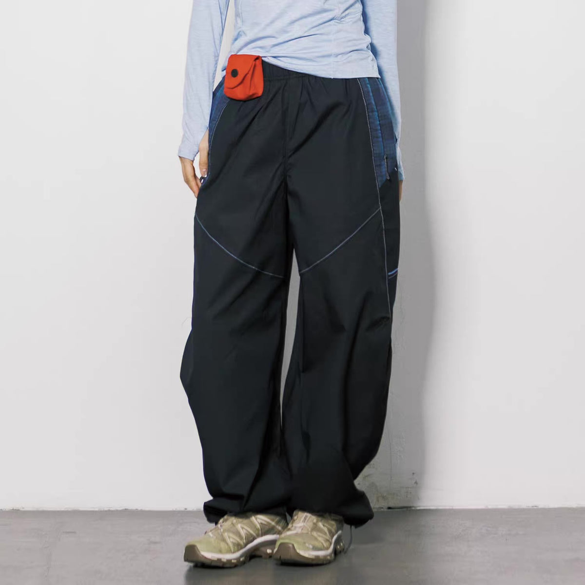 パッチワーク チェック 裾ドローコード ワイドパンツ（5Colors）260759