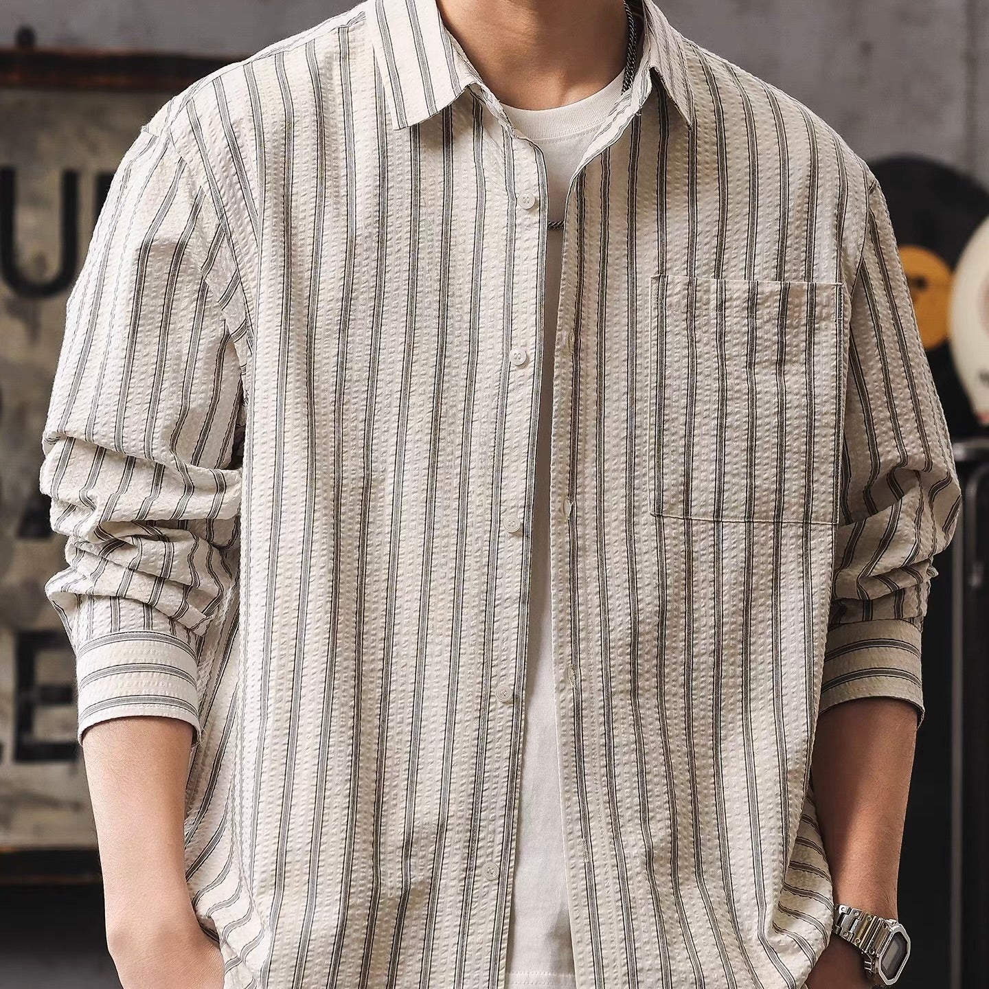 テクスチャー ストライプ 長袖シャツ（2Colors）260119