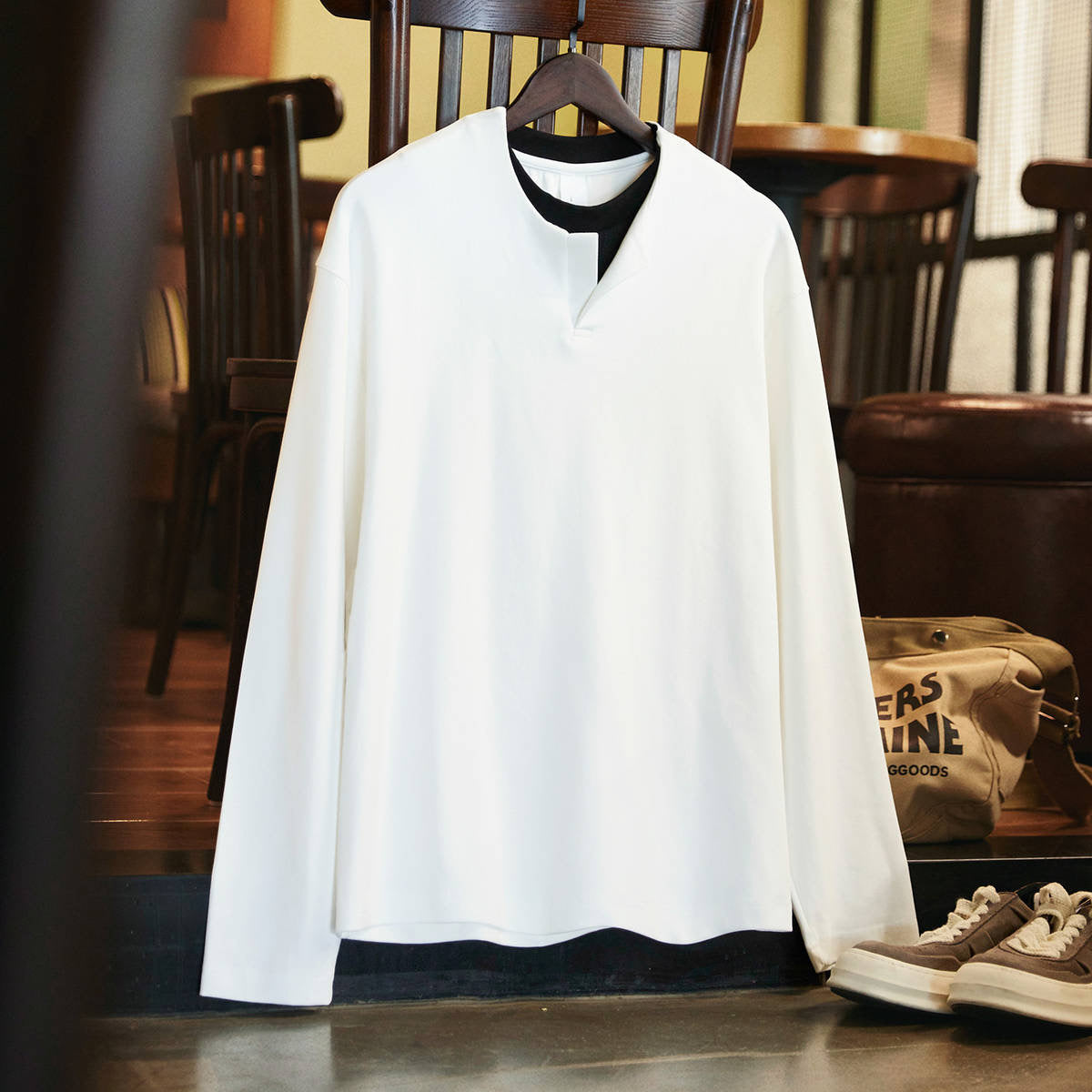 フェイクレイヤード ヘンリーネックTシャツ（4Colors）250826