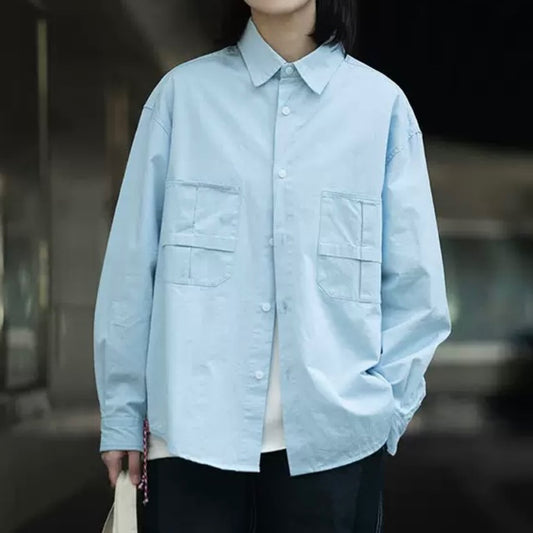 裾コード付 デザインポケット 長袖コットンシャツ（2Colors）- A968
